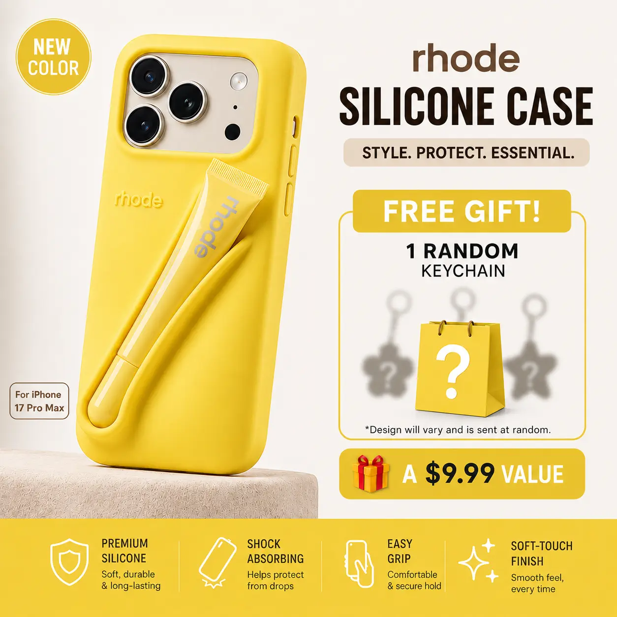 [Fullbox & Gift] Rhode Case With Box and Lip Gloss Set Silicone Case for iPhone 17 16 15 14 13 12 11 Pro Max Plus Lipstick Toast Espresso Ribbon Cover