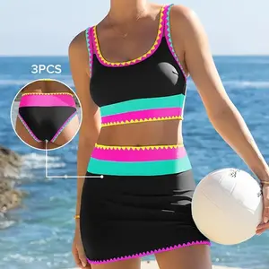 Beachball Kayaking 3 Piece Bikini Sets,Tummy Control & High Waisted Swimsuit with Adjustable Wide Shoulder Straps, Neon Color Sporty Swimsuit
