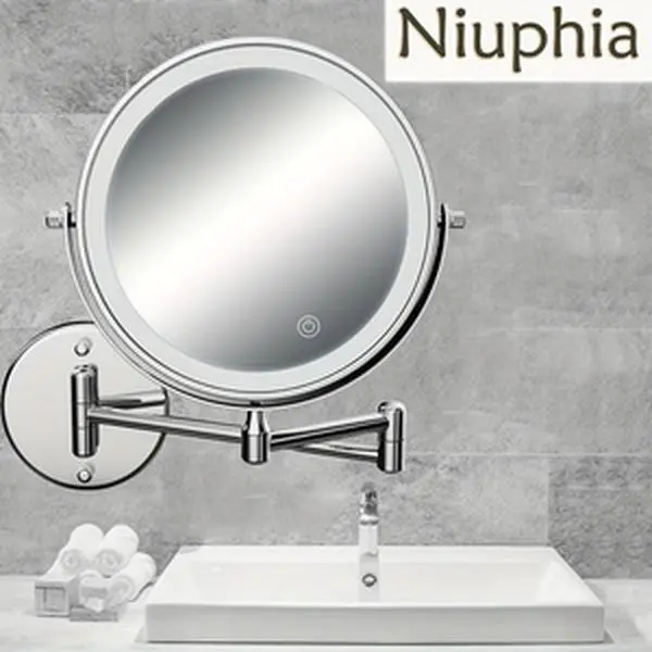 Niuphia 8 Inch Wall-Mounted LED Lit Wall Mirror with Lights - Double-Sided, 1x/10x Magnification, 360-Degree Rotatable, 3-Color Dimmable Touchscreen, Rechargeable Adjustable Brightness Vanity Mirror for Bathroom (Included Screws)