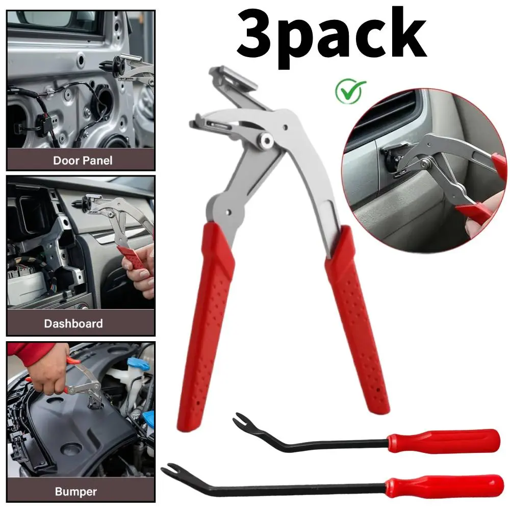 Car Clip Pliers with 2Pcs Stainless Steel Fastener Remover, Professional Auto Clip Removal Pliers Tool, Panel Clip Removal Tool for Automotive Plastic Fasteners, Push Pin & Door Trim Disassembly Without Damage