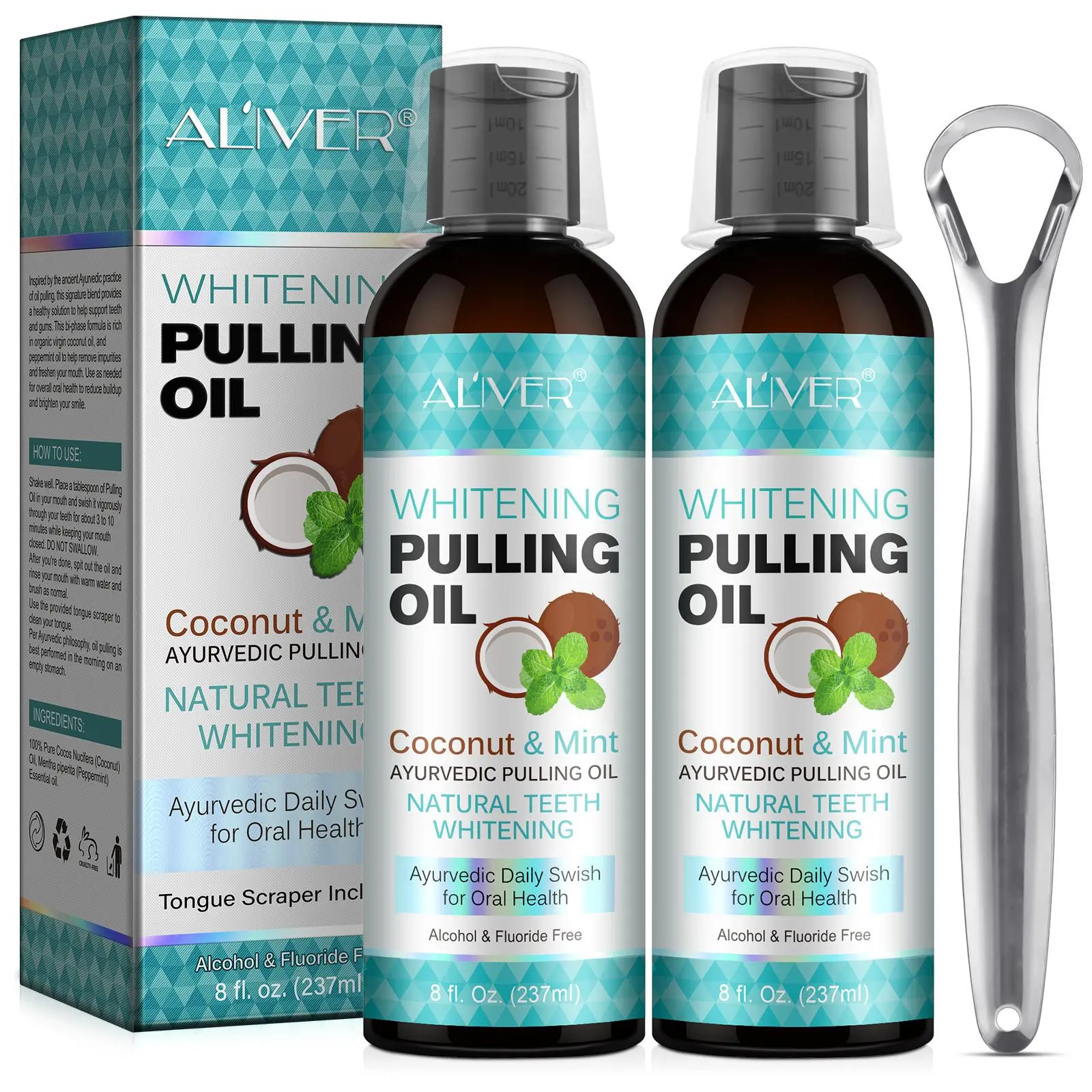 Aliver Coconut Oil Mouthwash 237ML, Natural Oral Care, Contains Distilled Coconut Oil & Peppermint Essential Oil, Alcohol-Free, Suitable for All Ages