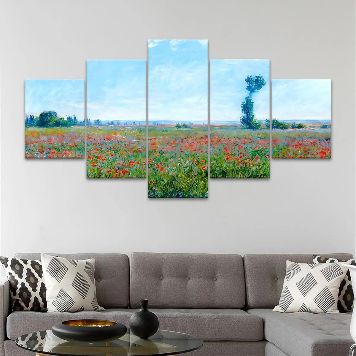5 Counts Unframed Canvas Poster, Poppy Field Landscape Painting, Exquisite Poster, Perfect Living Room Decoration, Modern Art, Fashion Family Poster, Wall Art Decoration, Odorless, Waterproof, Artwork