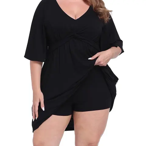 HDE Women's Plus Size A-Line Casual Dress - Flutter Short Sleeves, Mini V-Neck, Chic Boho Style, Built-In Shorts, Pockets, Soft Rayon, No Layers, Machine Washable, Beach Wear, 3X-4X, Above Knee Everyday Fit