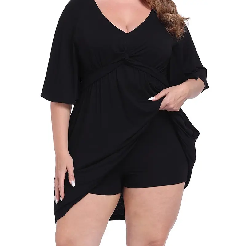 HDE Women's Plus Size A-Line Casual Dress - Flutter Short Sleeves, Mini V-Neck, Chic Boho Style, Built-In Shorts, Pockets, Soft Rayon, No Layers, Machine Washable, Beach Wear, 3X-4X, Above Knee Everyday Fit