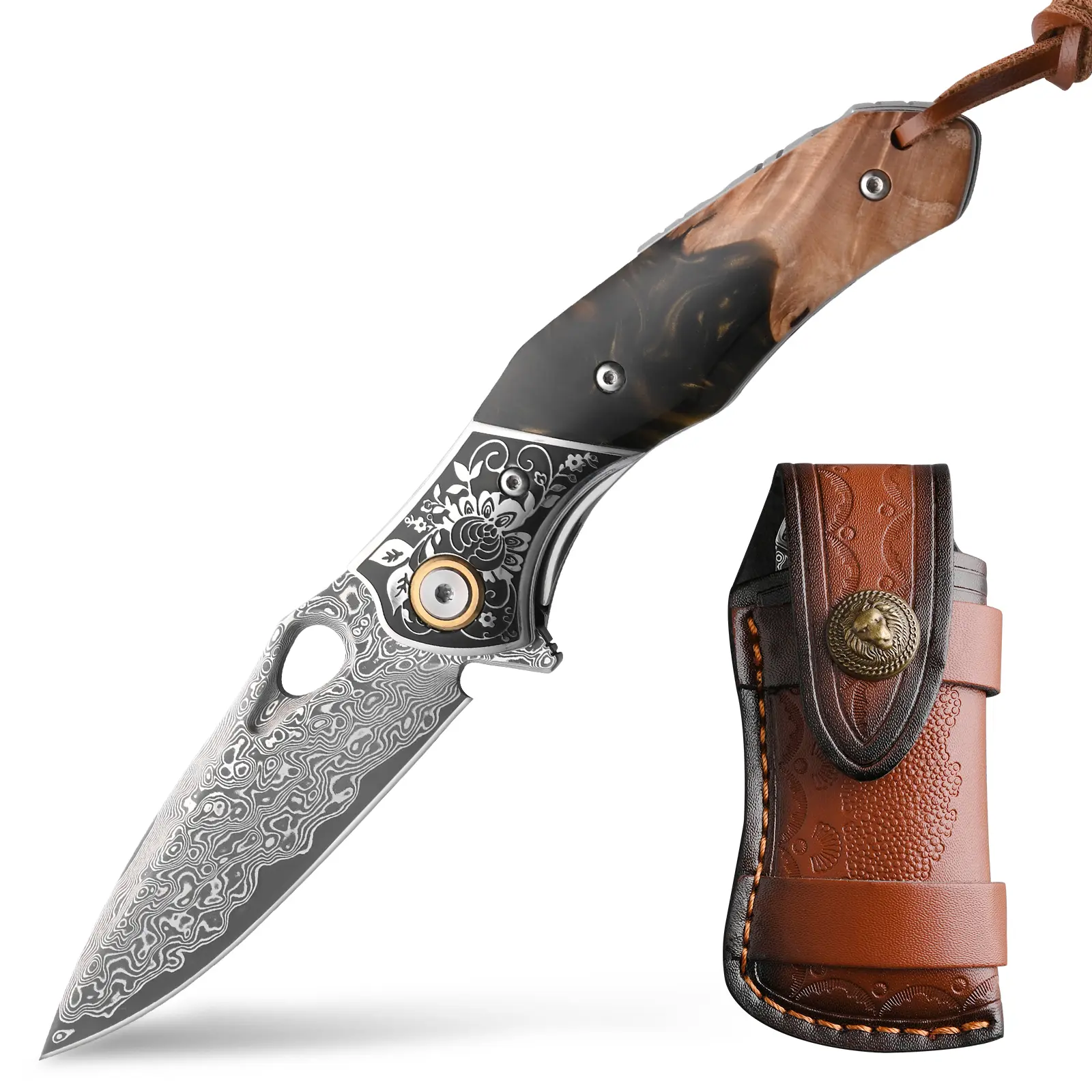 Hand Forged Damascus Folding Kitchen Knife - Manual-Retractable, Modern Style, Maple Wood Handle, High-Quality Cutting Tool with Leather Case, Ideal for 2 Key Cutting Scenarios, Holiday Gift Option for Adults