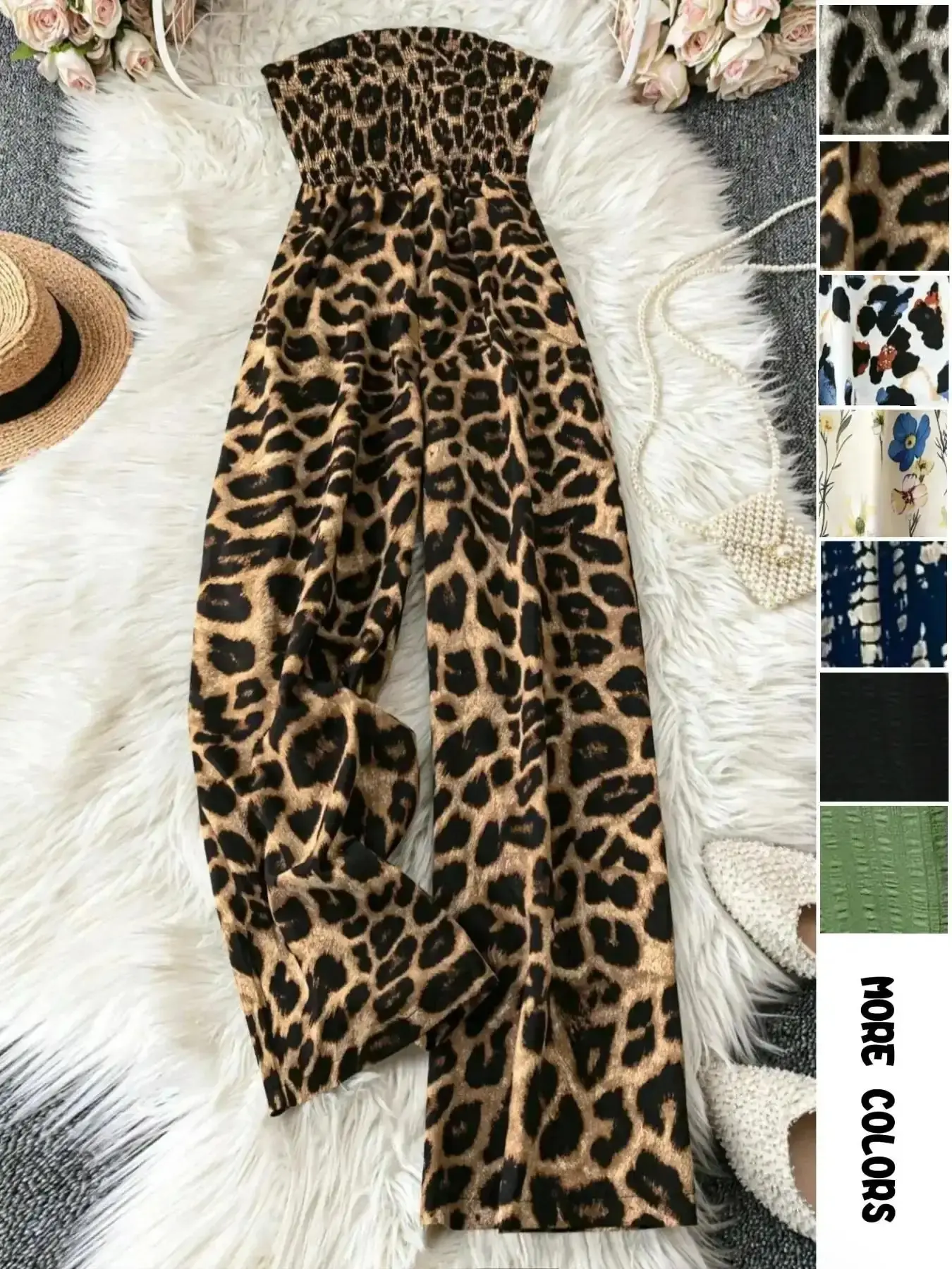 Leopard Print Shirred Wide Leg Jumpsuit with Sleeveless Tube Silhouette, Effortless One-Piece for Vacation Holidays and All-Season Evening Wear, one-piece wonder, effortless chic, streamlined style