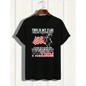 Patriotic Freedom Graphic T-Shirt.100% Cotton.Casual Crew Neck.Regular Fit.Short Sleeve.With Slight Stretch.Digital Print Flag&amp; Soldier Design.For Adults.All-Season Knit Fabric