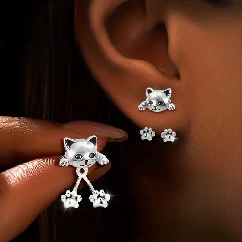 Women's S925 Pure Silver Cat Paw Pendant Earrings - Fashionable Creative Pet-Themed Accessories for Women