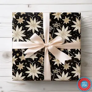 Gift Wrapping Paper, White and Gold Starlight Scribbles on Deep Black, Luxury Holiday Gift Wrap Roll, Celestial Doodles, Twinkly Chaos,