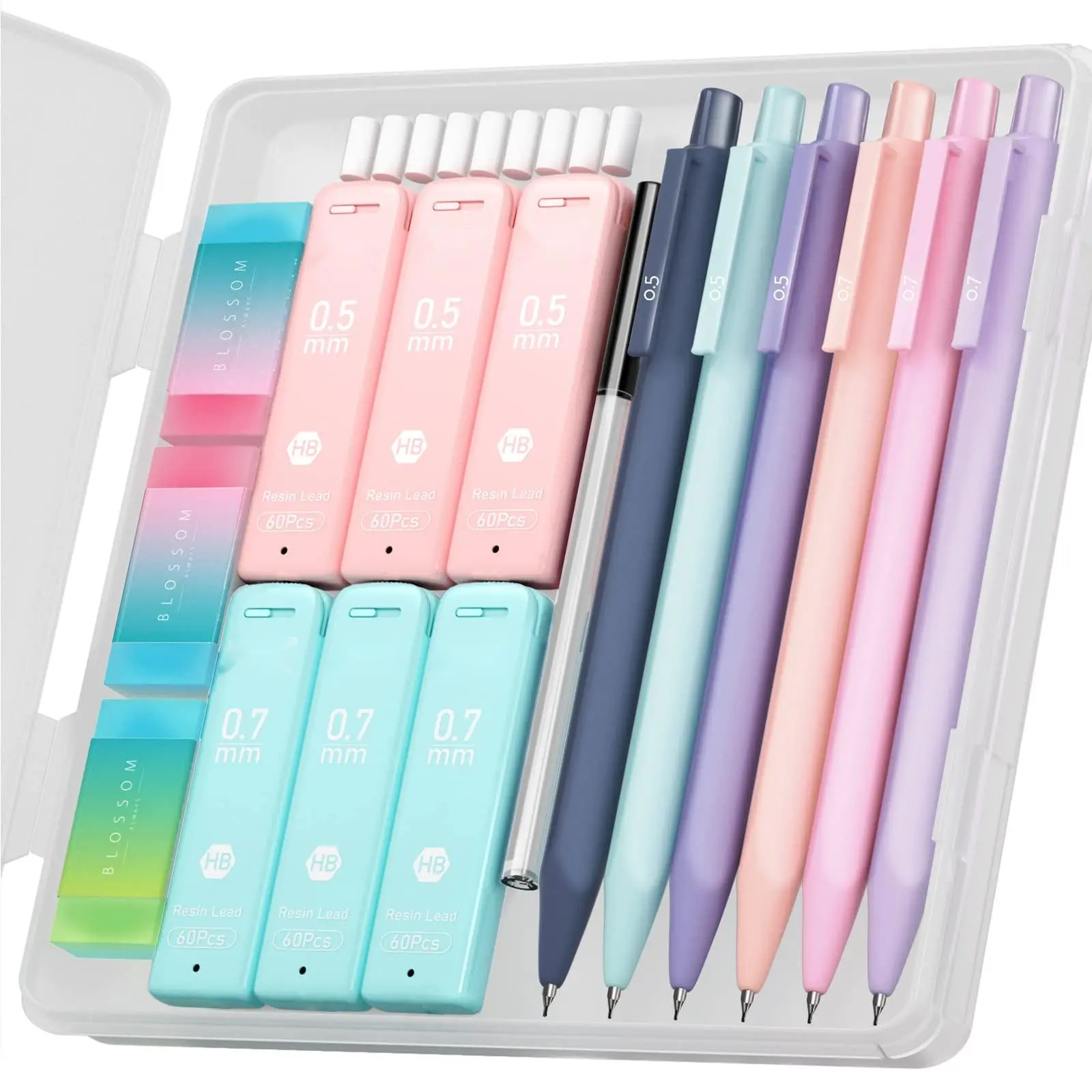 Cute Mechanical Pencil Set, 6PCS Pastel Pencils 0.5mm & 0.7mm with 360PCS HB Pencil Leads, 3PCS Erasers and 9PCS Eraser Refills, Aesthetic Mechanical Pencils for Girls Writing