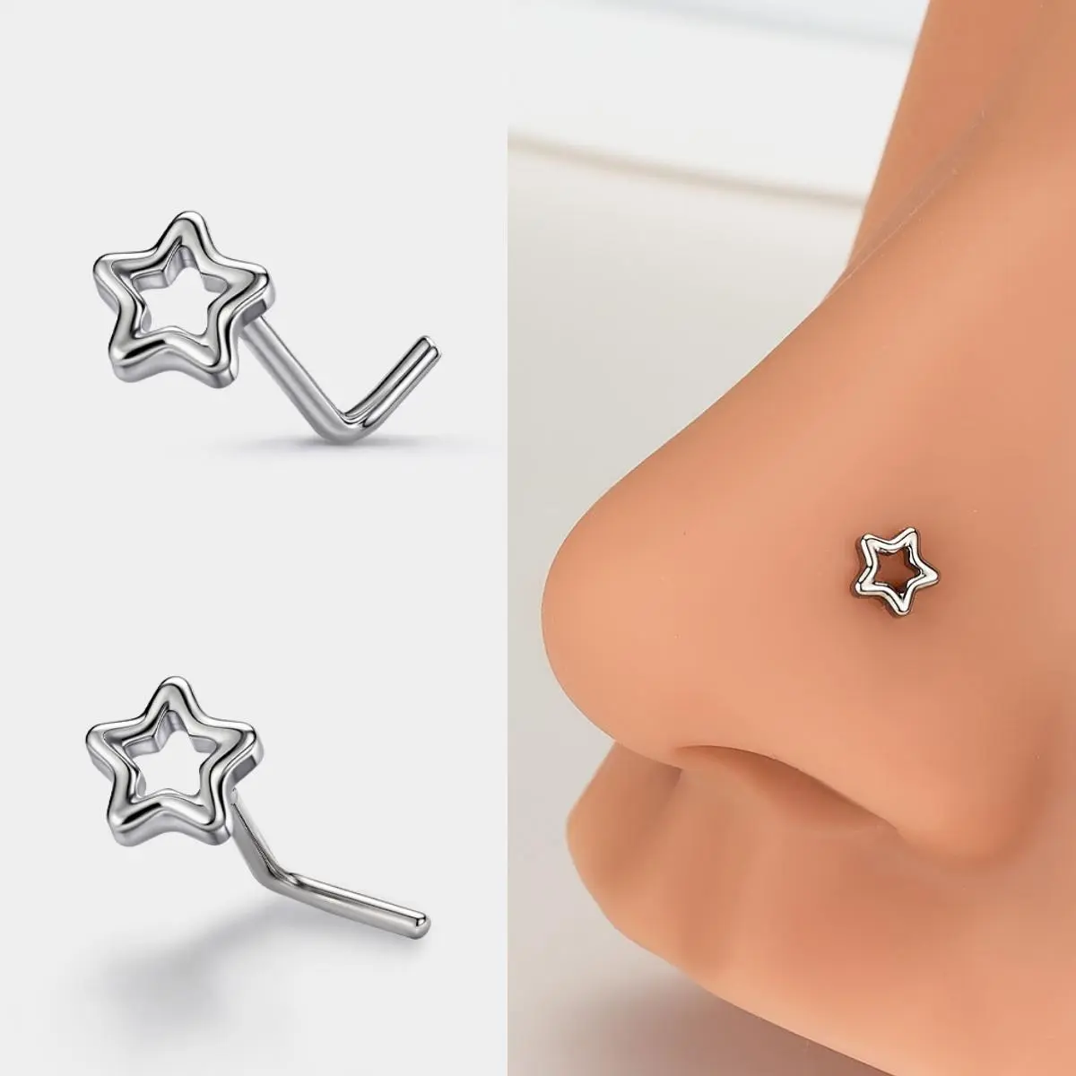 OUFER Titanium 20G L-Shape Star Hollow Circle Nose Stud, Geometric Bubble Design, Non-Tarnish Body Jewelry, Daily Wear Accessory for Nose Piercings, Daily Wear Nose Studs, Hollow Circle Nose Studs