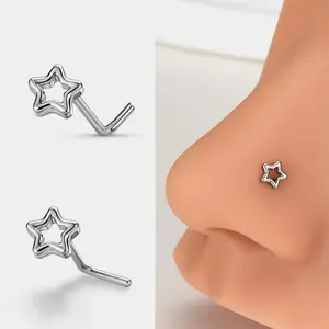 OUFER Titanium 20G L-Shape Star Hollow Circle Nose Stud, Geometric Bubble Design, Non-Tarnish Body Jewelry, Daily Wear Accessory for Nose Piercings, Daily Wear Nose Studs, Hollow Circle Nose Studs