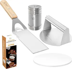 Smashed Burger Kit, Burger Press Kit - Stainless Steel Burger Press, Grill Spatula,  Dredge Shaker, Hamburger Patty Paper - Burger Smasher, Griddle Accessories Kit