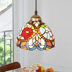 7.9" Tiffany Style Stained Glass Pendant Light, Adjustable Floral Hanging Lamp for Kitchen Island & Dining Room