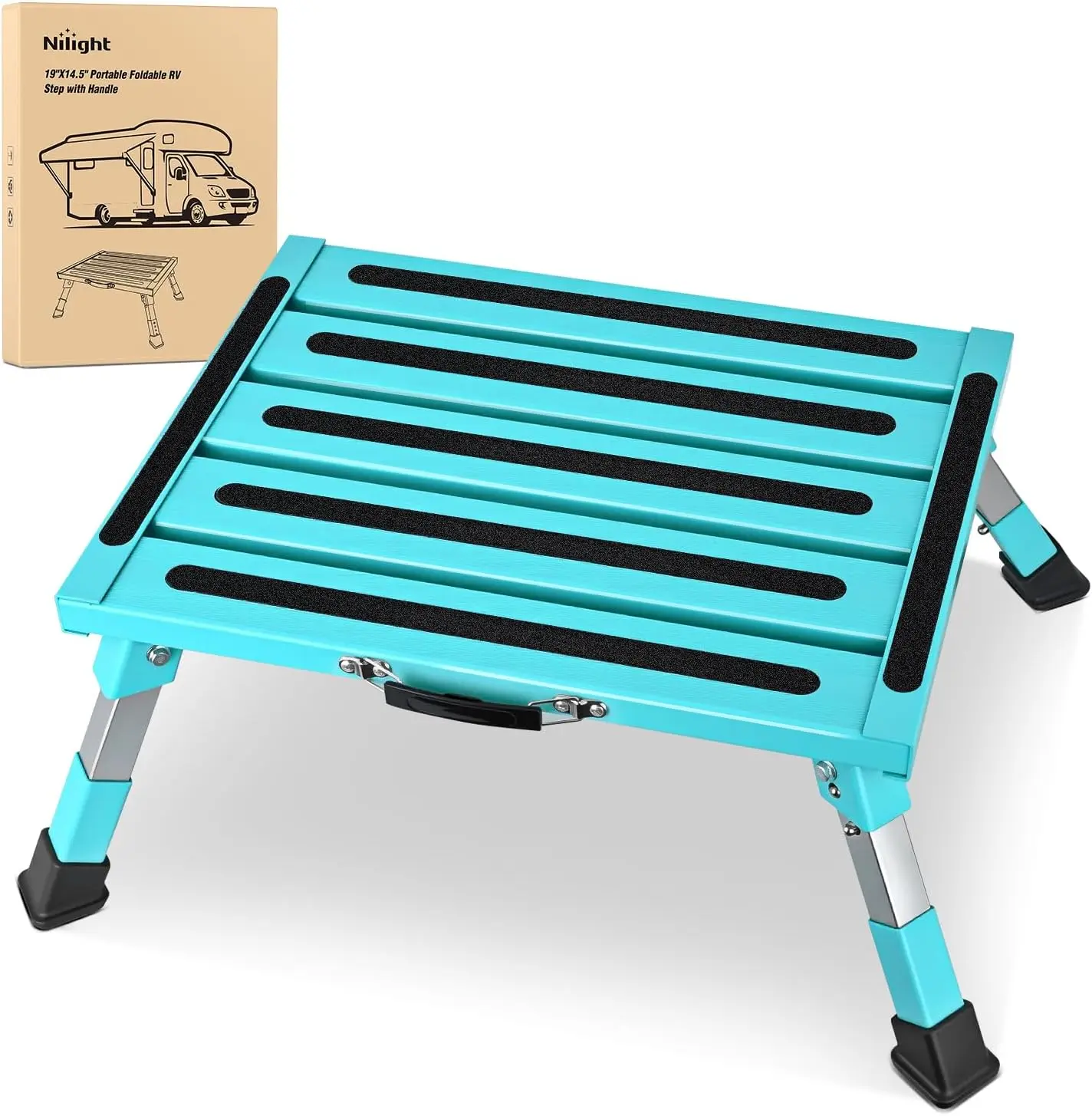 Nilight RV Step Stool Aluminum Folding Platform Steps 19x14.5 RV Steps 4 Levels Adjustable Heavy Duty Step Stool with Anti-Slip Surface Rubber Feet Portable Handle 500lb for Camper Trailer,Mint Green Storable Durability Weight Capacity