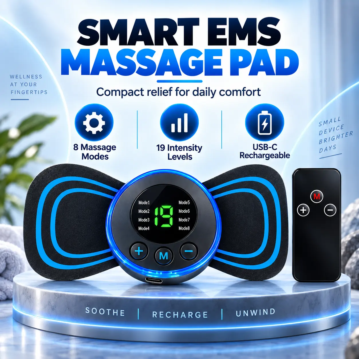 Portable Electronic Massage Pad with Remote, 8 Massage Modes & 19 Adjustable Intensity Levels, USB Rechargeable Compact Body Massager for Back, Waist, Arms, Thighs and Legs