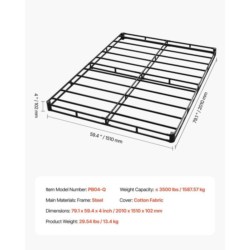 VEVOR Box Spring, Queen Size Bed Frame with Washable Fabric Cloth, Heavy Duty Metal Frame for Queen Bed, 4 in Mattress Foundation, 3500 lbs Max Weight Capacity, Easy Assembly, 79.1 L x 59.4 W x 4 H in
