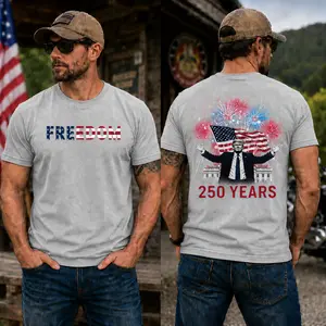 Vintage Freedom 250 Years Shirt – Patriotic American Flag Trump Fireworks Graphic Tee, USA 1776-2026 Independence Day Cotton T-Shirt for Men