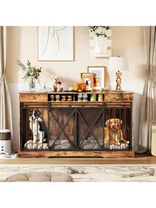 Gaomon 63-in Extra Large Heavy Duty Double Dog Crate with Removable Divider, 2 Drawers, Indoor Decorative Pet Kennel Furniture TV Stand for 2 Dogs