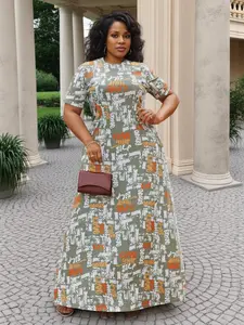 Women Plus Size Vintage Letter Print Maxi Dress, Round Neck Short Sleeve, Pocket Loose Fit Casual Summer Sundress, Multi Color Options