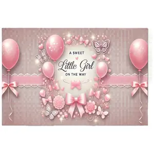 2D Flat Banner 1pc, Sweet Little Girl Baby Shower Banner, pink background with pink balloons, roses, and butterflies, used for baby showers, birthdays, and gender reveals High Quality Photo Studio Props, Party