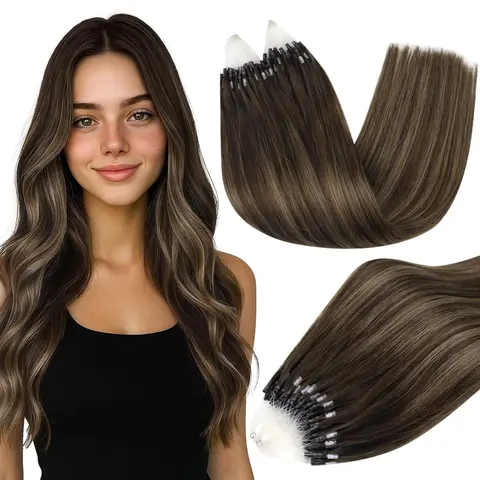 Full Shine Micro Loop Human Hair Extensions - #2 Dark Brown & #60 Platinum Blonde, 14-24 Inch, 14Inch-50g, Natural Straight, Micro Links, Color-Matched Beads, Heat-Free Install, Lightweight, Tangle-Resistant, Cold Fusion, 14 To 24 Inch