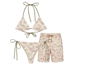 Lavender Camo Matching Couples Swimwear, Recycled Polyester String Bikini with Men’s Swim Shorts for Beach Vacation