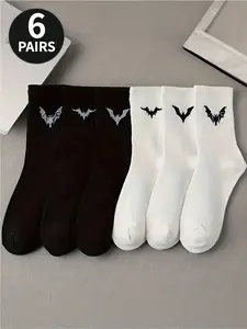Women's Bat Pattern Mid-Calf Socks, 6 Pairs Casual Crew Socks, Comfortable and Stylish, Perfect for Daily Wear