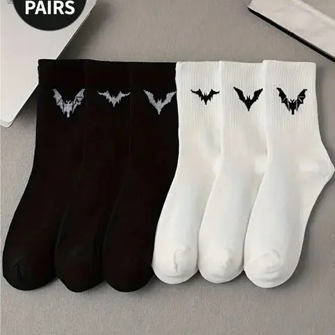 Women's Bat Pattern Mid-Calf Socks, 6 Pairs, Comfortable and Stylish, Perfect for Daily Wear
