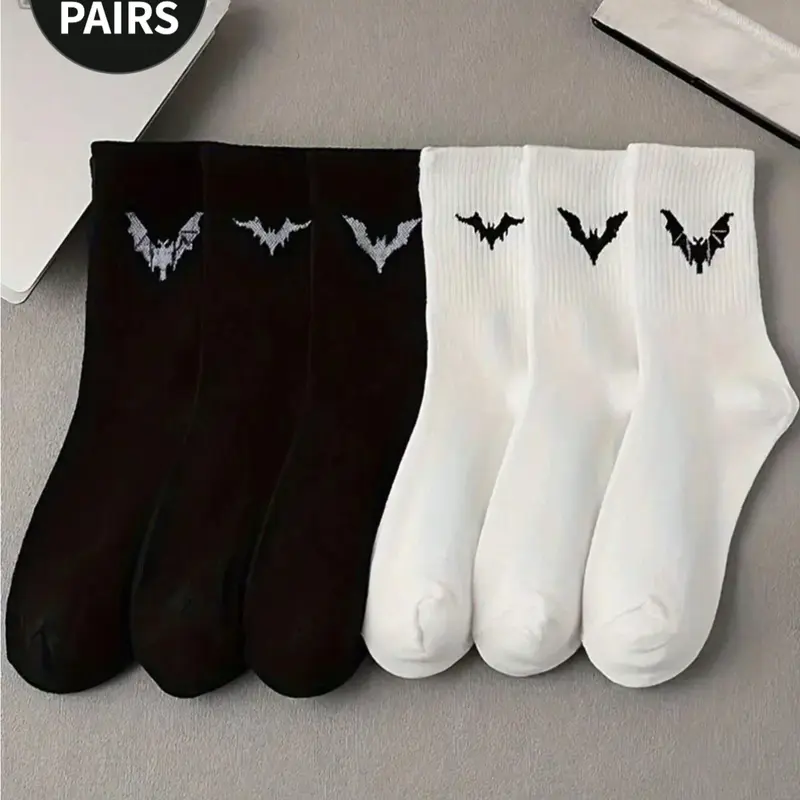 Women's Bat Pattern Mid-Calf Socks, 6 Pairs, Comfortable and Stylish, Perfect for Daily Wear