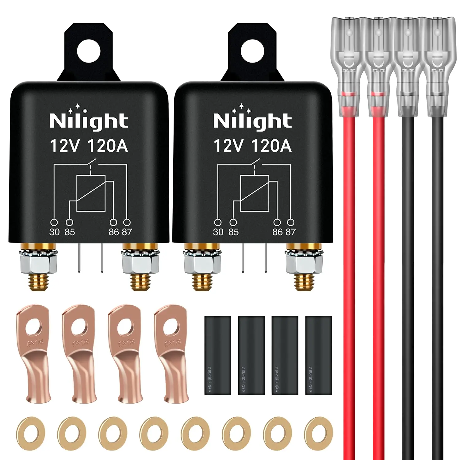 Nilight 2PC 120A Starter Relay - 4-Pin SPST High Power Current Switch, 12V High Current 4-Terminal Car Starter Control with Copper Core Wire Lugs for Cars Trucks, Camper