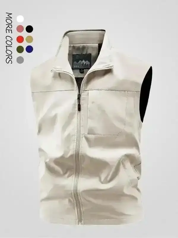 Men's Solid Hooded Vest Jacket, Stand Collar Multi-Pocket Sleeveless Coat, Windproof Waterproof Casual Sports Waistcoat, Regular Fit Outdoor Fishing All-Season Jacket, Fall Jacket Men, Menswear