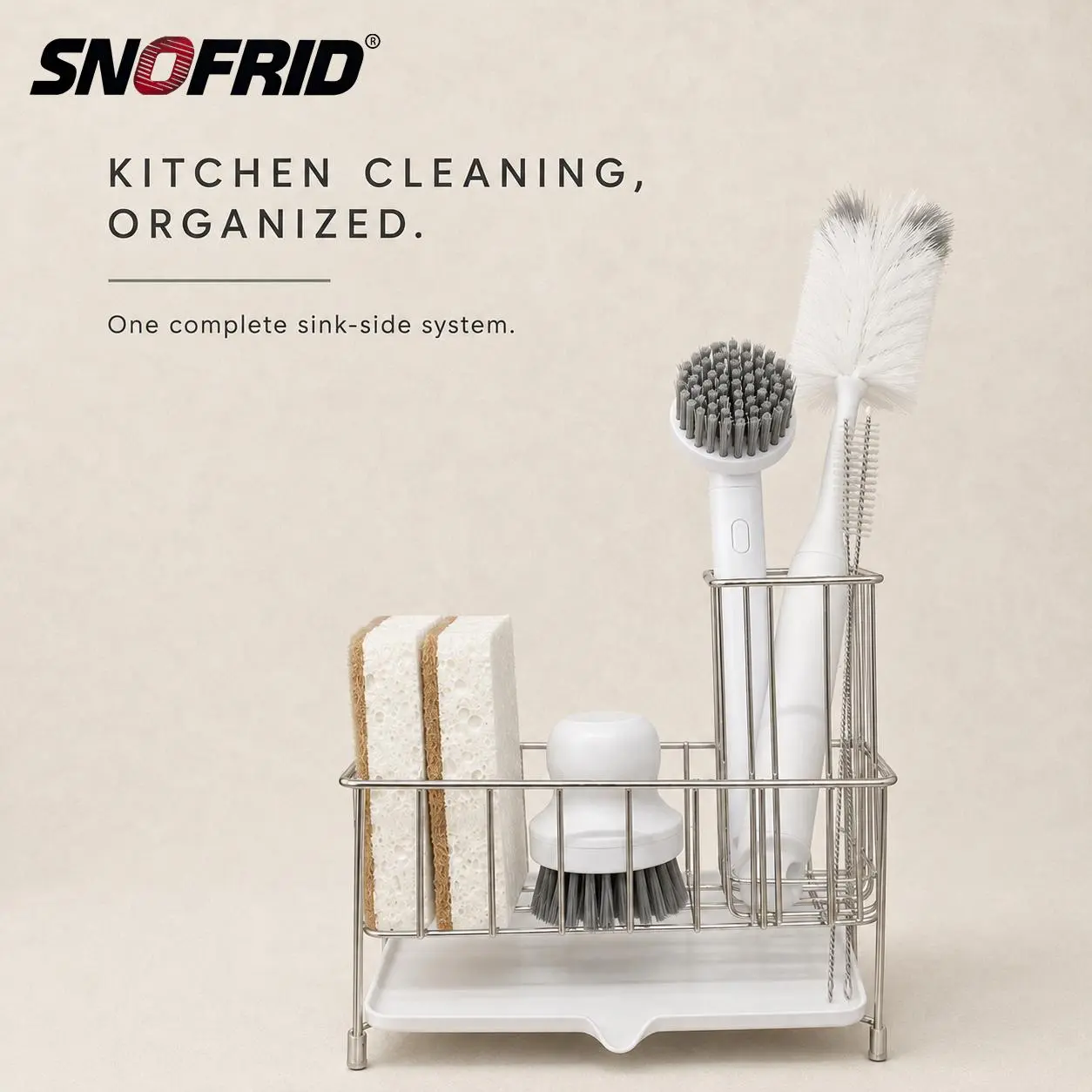 Snofrid 8-Piece Kitchen Cleaning Brush Set with 201 Stainless Steel Sink Caddy, 2-in-1 Cup Brush with Built-In Rim Cleaner, Pot Brush, Long Handle Dish Brush, Sponge Scrubbers and Straw Cleaners