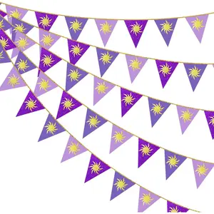 30Ft Purple Gold Sun Party Decorations Hanging Paper Triangle Pennant Banner Bunting for Birthday Baby Shower Bridal Shower Wedding Bachelorette Engagement Lavender Party Supplies