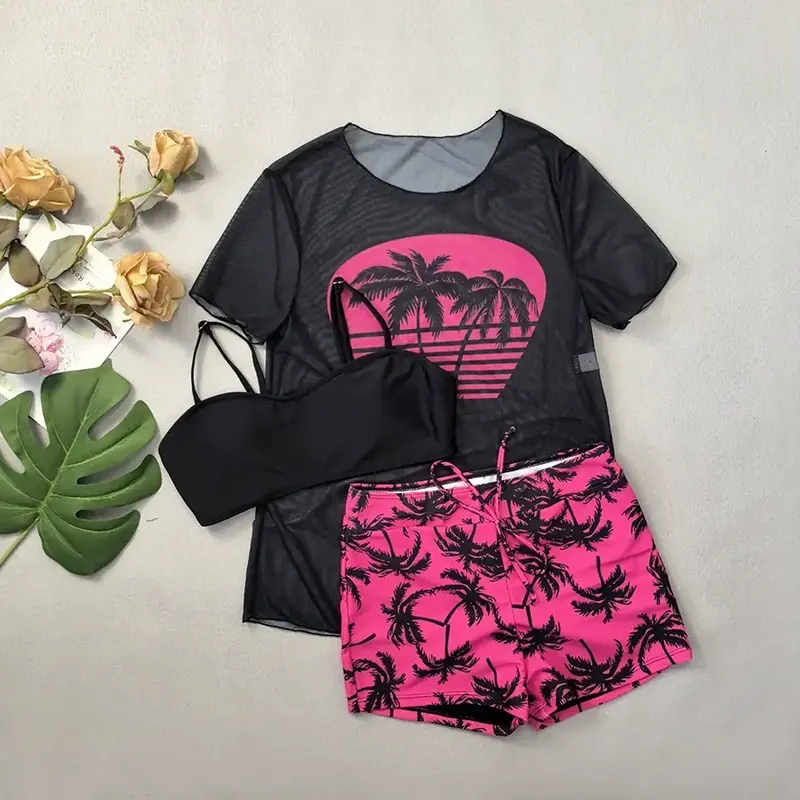 Women's 3 Piece Plus Size Swimsuit Tankini Shorts Set High Waisted Bathing Suit Graphic Beachwear with Mesh Cover Up Coconut Tree Print