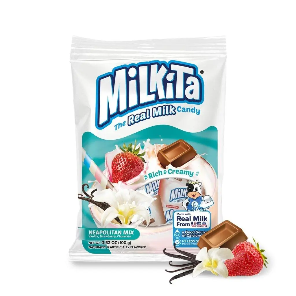 Milkita Real Milk Candies - Sweet, Creamy Neapolitan Mix Flavor Snack with Strawberry Notes, Vanilla, Cocoa Powder, Fresh Milk, FD&C Red 3, 100g Treat for All Ages