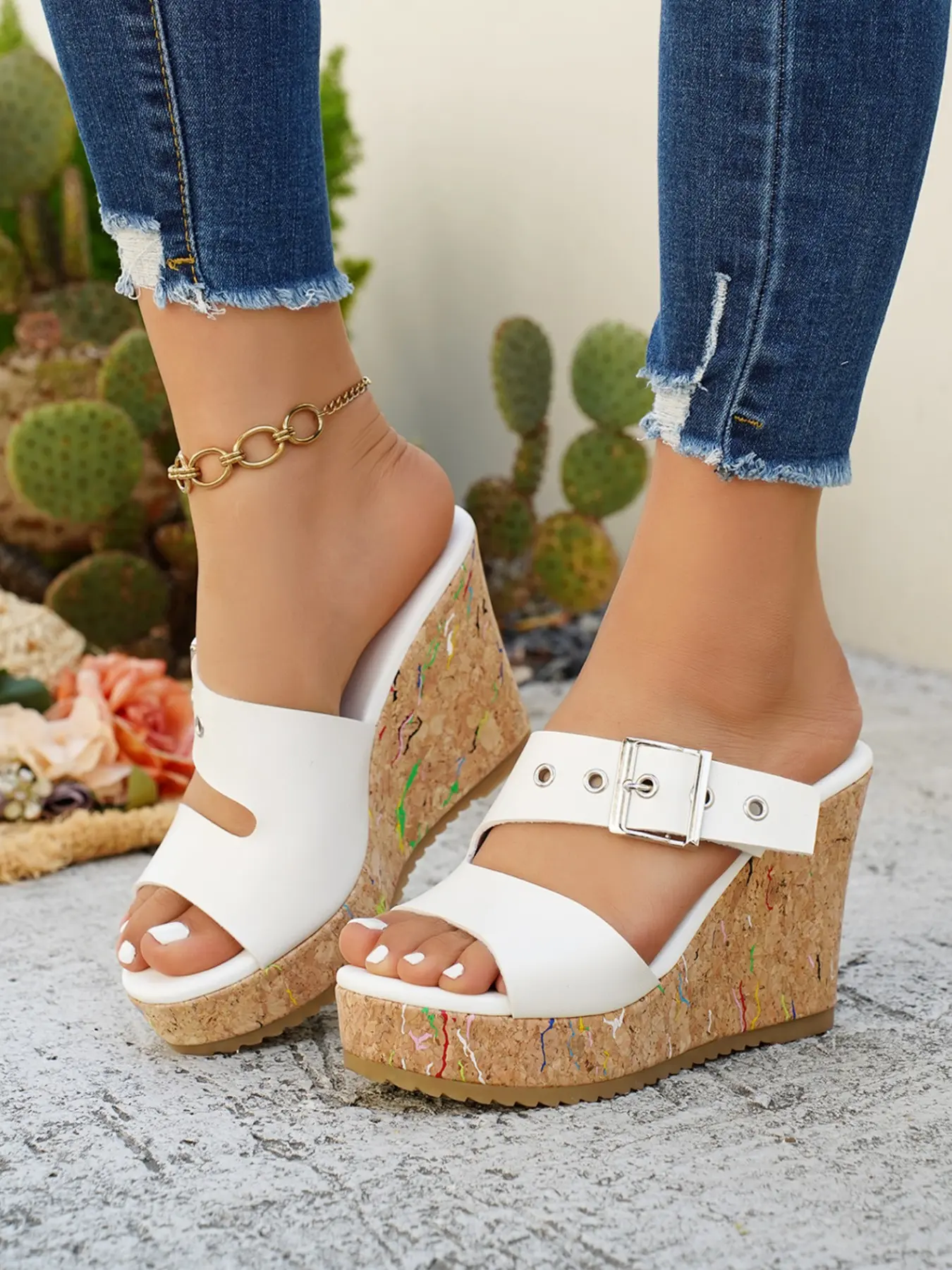 Summer New Fish Mouth Wedge Sandals, Fashion Wedges, PU Leather Upper, Large Size Thick Sole Roman Shoes, Adjustable Buckle, Casual Style for Women, Fashionable Comfort, Trendy Sandals