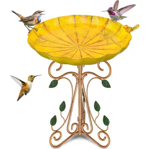 Metal Bird Bath for Outside, 13" Dia Birdbaths Bowl with Cast Iron Pedestal, Large Antique Bird Feeder with Folding Bracket for Outdoors Garden Patio Yard Decor (Retro Yellow)