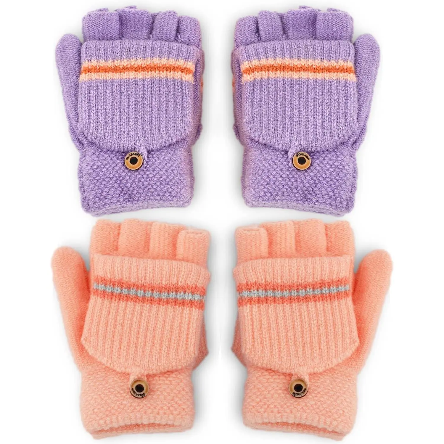 Boys' 2-Pack Striped Convertible Mittens, Warm Acrylic Knit Fingerless Gloves for Kids Ages 5-10, One Size, Knitted