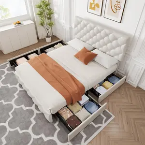 Queen Size Platform Bed Frame with Adjustable Headboard and 4 Drawers, Modern Grey Upholstered Bed Frame with Footboard, Wooden Slats Support, No Box Spring Needed, Spacious Storage and Durable Design