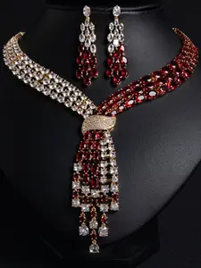 Vintage Colorful Zircon Decorated Jewelry Set, Including Necklace & Dangle Earrings, Fashion Jewelry Accessories for Women, Trendy All-match & Exquisite Jewelry for Gift, Fashionable Jewelry Set
