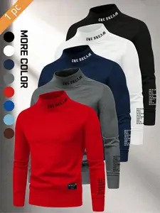 Men's Letter Print Long Sleeve High Neck Fitted T-Shirt for Fall & Winter, Classic Stretchy Comfortable Top, Polyester Blend Fabric