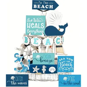 Beach Themed Wooden Sign, 15pcs/set Summer Ocean Themed Wooden Sign, Decorative Sign for Home Kitchen, Home Decor, Room Decor