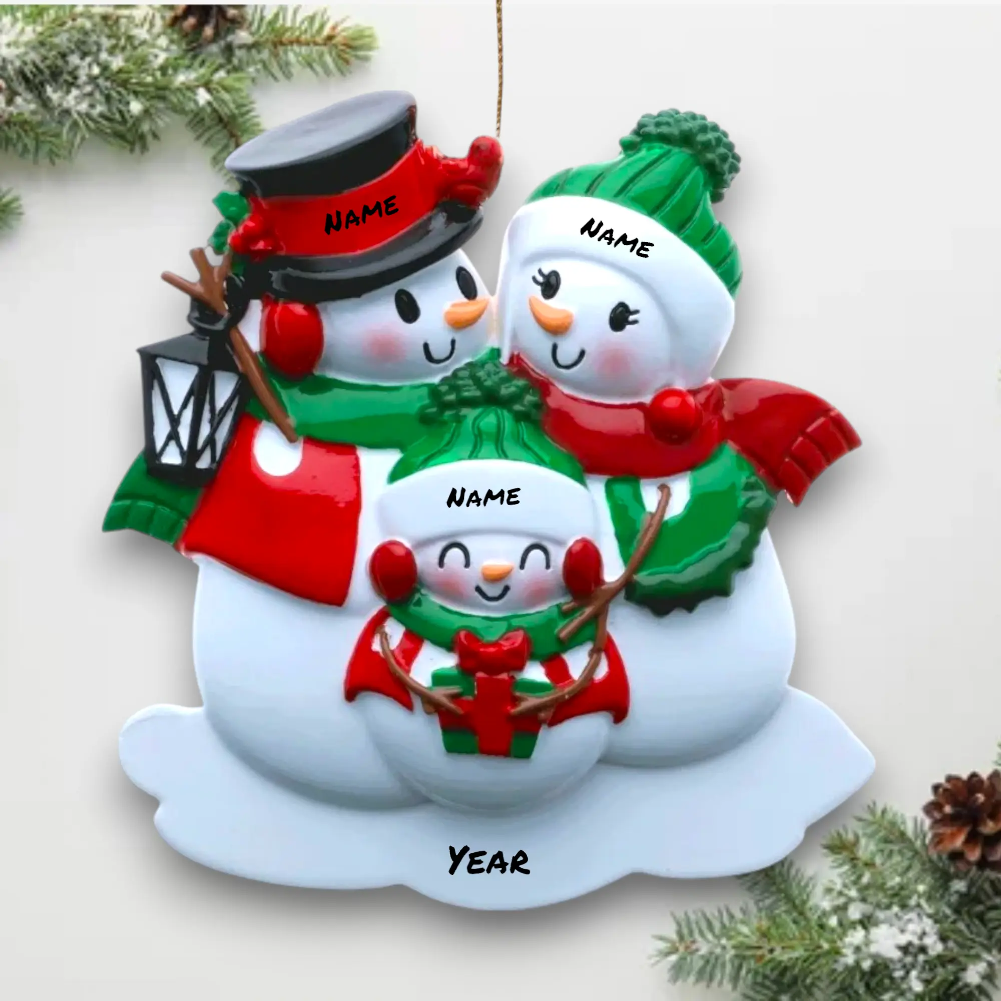 Personalized Snowman Family of 3 Christmas Ornament – Custom Names & Year – Festive Winter Keepsake 2025