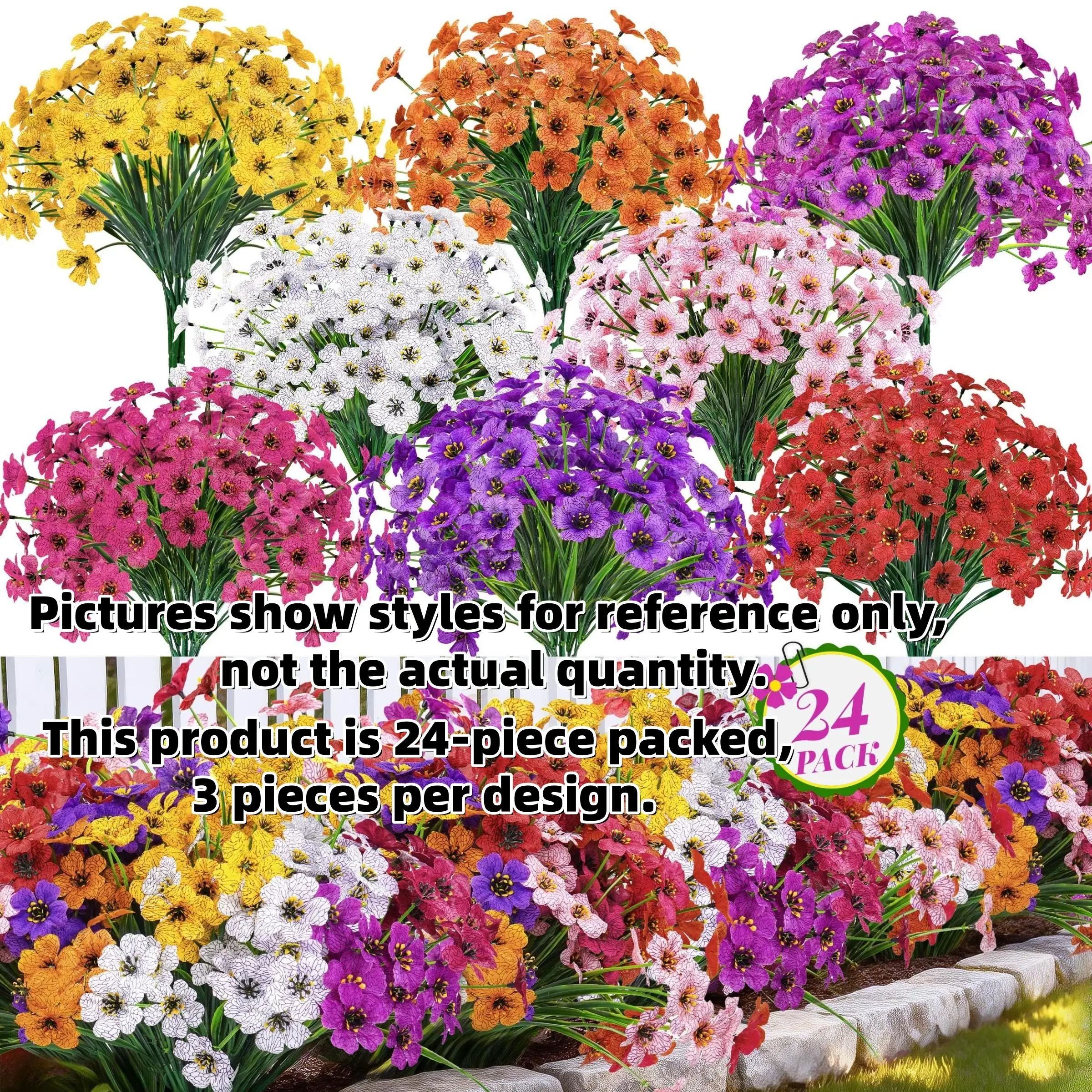 24 Bundles Bouquet Floral Artificial Flowers, Decorative Fake Flower, Plastic UV Resistant Faux Plants, Spring Flowers for Outdoor Planters, Wedding Home Garden Patio Porch Decor, 8 Colors