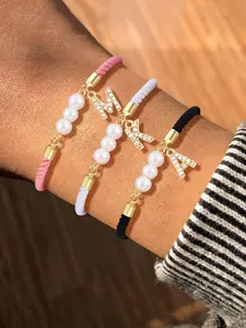 Women's Zirconia Initial Pendant Bracelet, Three Pearl Design, Adjustable Rope, Classic Multicolor Jewelry Accessory