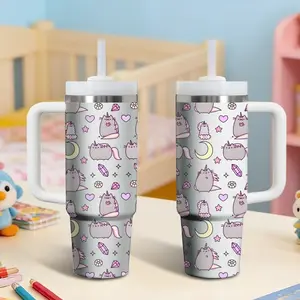Cute P-Pusheen Cat Vacuum Flasks 40oz Stainless Steel Vacuum Insulated Tumbler with Handle and Straw - Leak Resistant Travel Coffee Mug - Keeps Cold for 24 Hours - Cupholder Friendly Water Cup for Gym and Office