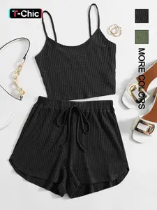 Two-piece Set Women's Fitted Basic Solid Waffle Crop Cami Top & Drawstring Waist Shorts, Matching Clothing Set, Casual Fashion Cozy Outfits for Daily Outdoor Wear, Ladies Clothes for All Seasons, Cropped Top, Womenswear, Summer