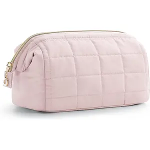 Pink Makeup Bag Puffy Padded Travel Cosmetic Organizer for Women Wide-Open Makeup Case for Toiletries Accessories and Brushes Nylon Material