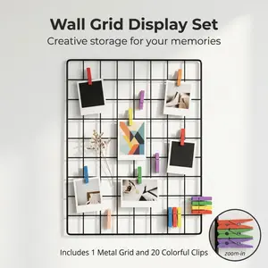 Wall Grid Display Set with 20 Colorful Clips, Metal Wire Photo Wall Grid Panel for Pictures, Cards & DIY Room Decor